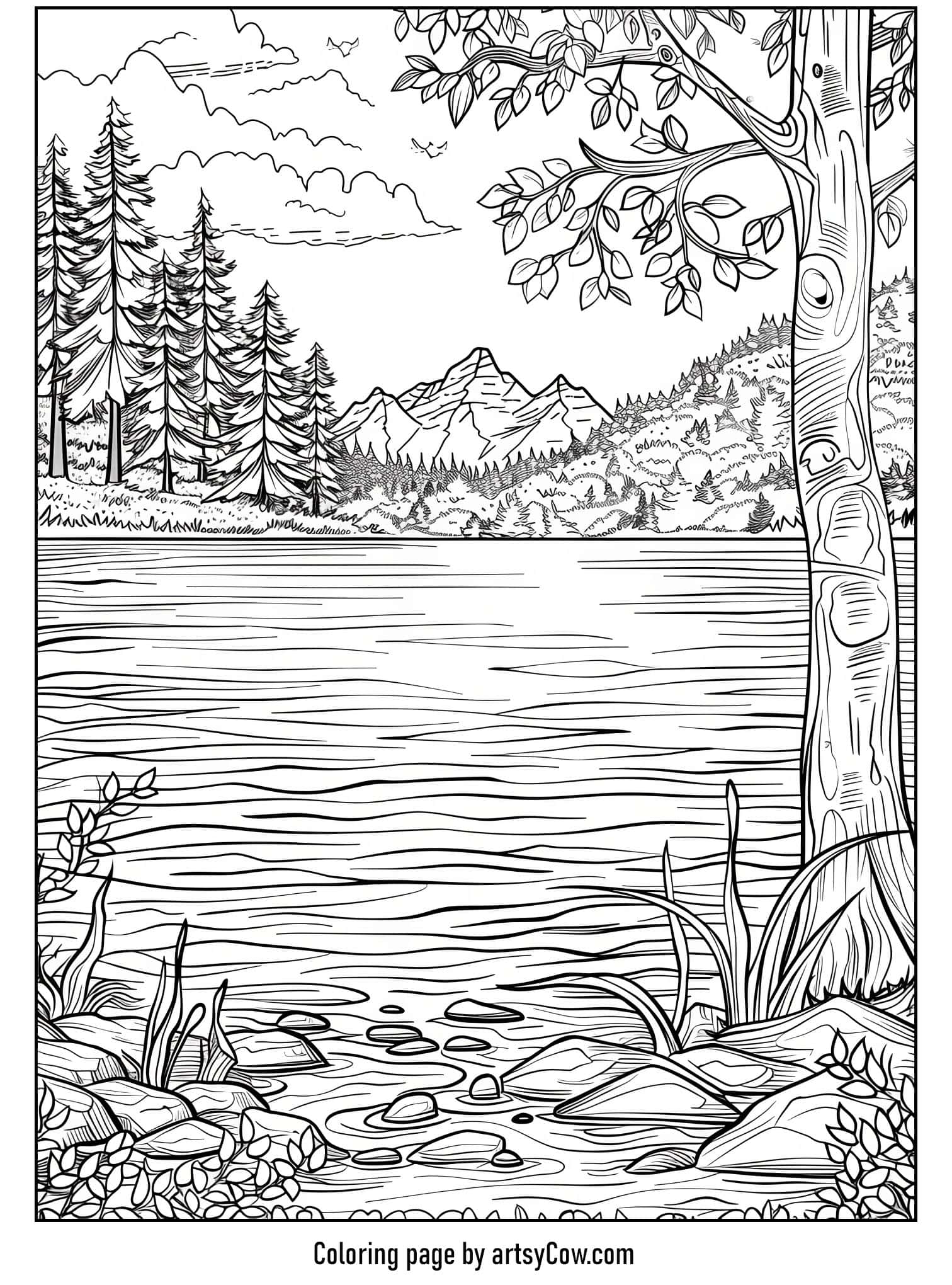 a serene lake scene with mountains in the background, surrounded by lush trees and detailed foliage